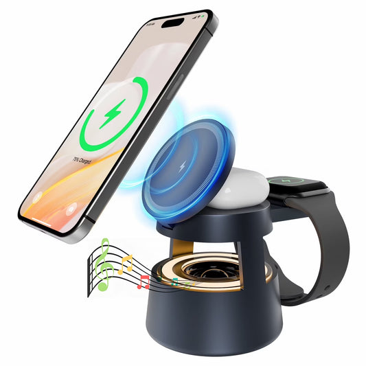 5 in 1 Wireless Charging Station, 15W Fast Charging Wireless Charger for Iphone Airpods Iwatch with Magsafe,Bluetooth Speakers,Mushroom Light Compatible with Iphone 8 and above Series