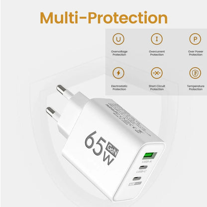 65W Gan Fast Charging Charger USB PD Type-C Multi-Port Mobile Phone Adapter for Iphone 15 Pro Max Samsung Xiaomi Huawei